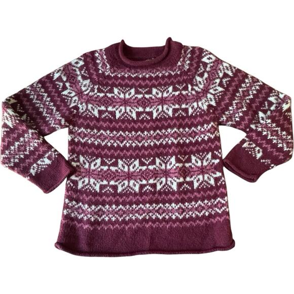 American South Side Alpaca Wool Snowflake Fair Isle Sweater Maroon White L READ - Picture 1 of 9